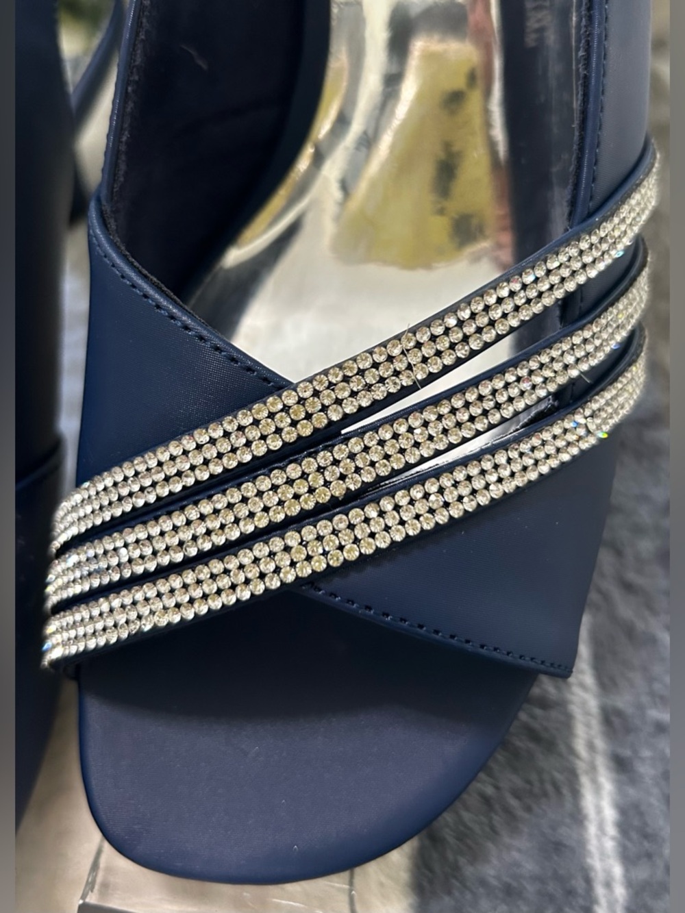 NWOT easy street Navy Open-Toe Slingback Heels with Rhinestone Straps Size 7WW - Picture 3 of 6